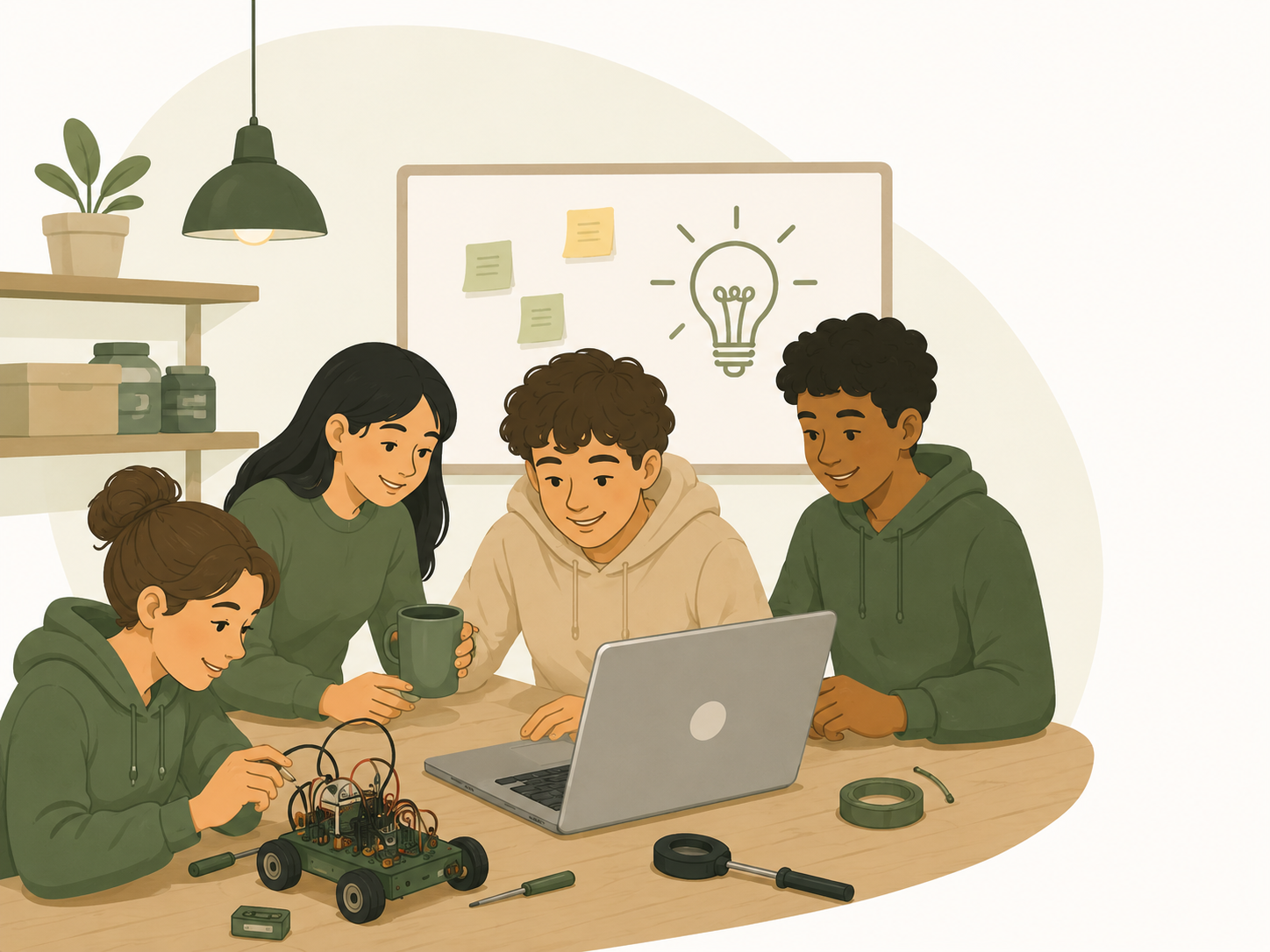 Illustration of students collaborating on a project-based learning activity